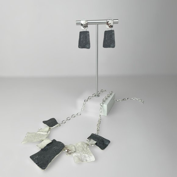 Necklace and Ear Set, 16" - 18", Silver Tone, Slate Grey Tone, Geometric - Picture 4 of 8